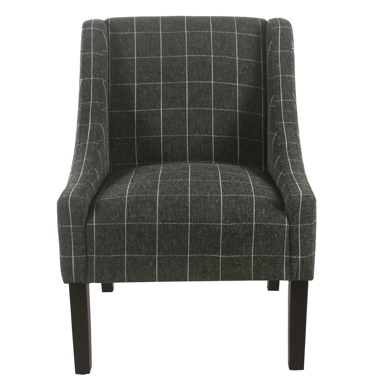 HomePop Wood and Fabric Windowpane Pattern Swoop Arm Accent Chair in Black