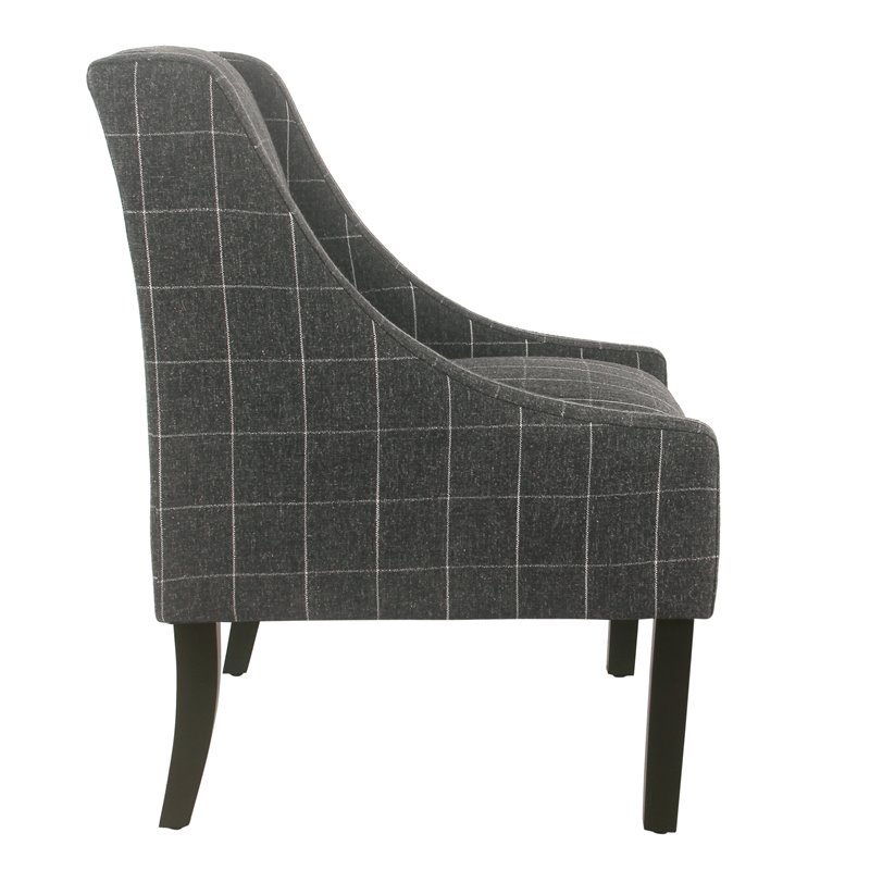 HomePop Wood and Fabric Windowpane Pattern Swoop Arm Accent Chair in Black
