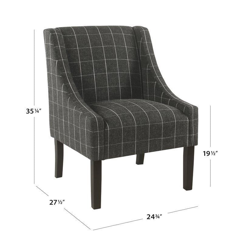 HomePop Wood and Fabric Windowpane Pattern Swoop Arm Accent Chair in Black