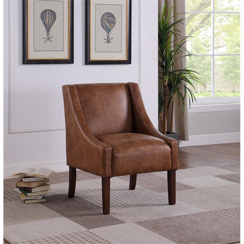 HomePop Wood and Faux Leather Swoop Arm Accent Chair in Brown