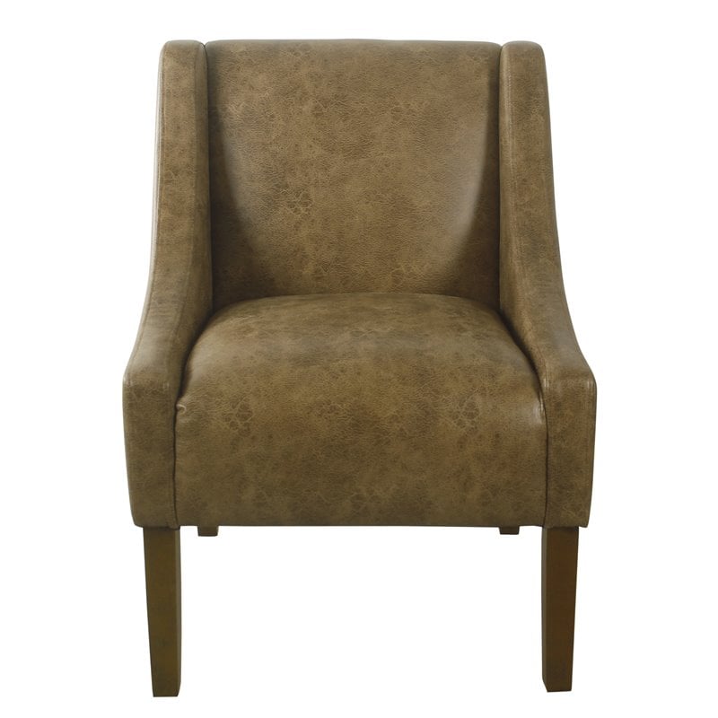 HomePop Wood and Faux Leather Swoop Arm Accent Chair in Brown