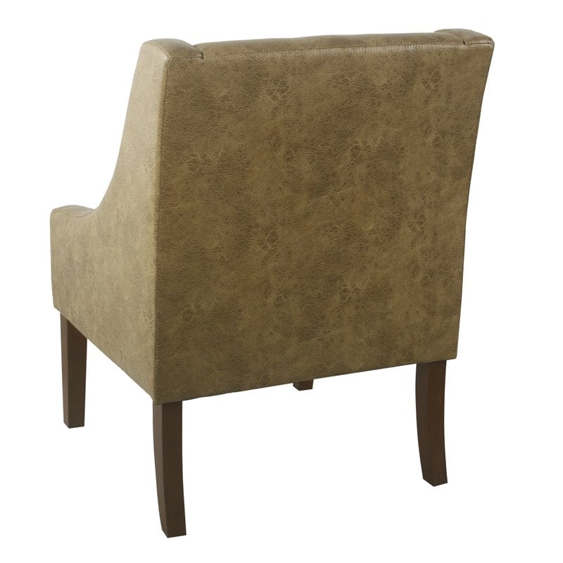 HomePop Wood and Faux Leather Swoop Arm Accent Chair in Brown