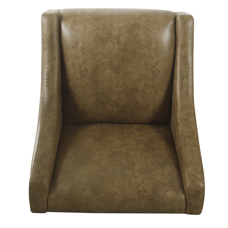 HomePop Wood and Faux Leather Swoop Arm Accent Chair in Brown