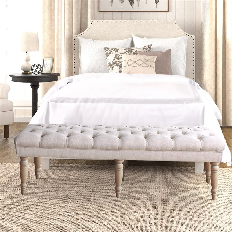 HomePop Layla Traditional Wood and Fabric Tufted Bench in Natural/Pink