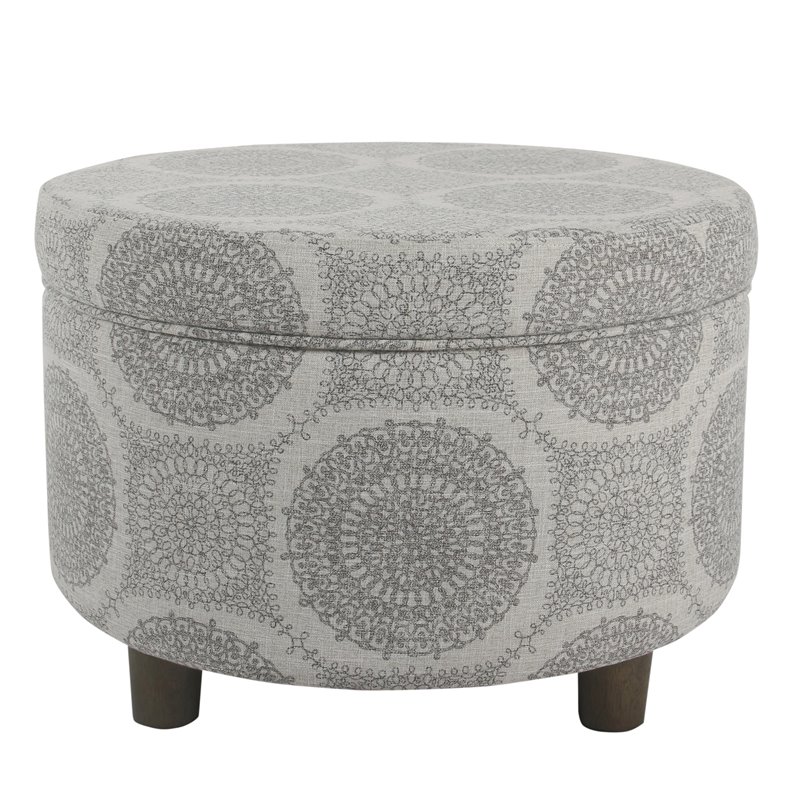 HomePop Round Transitional Wood and Fabric Storage Ottoman in Gray Medallion