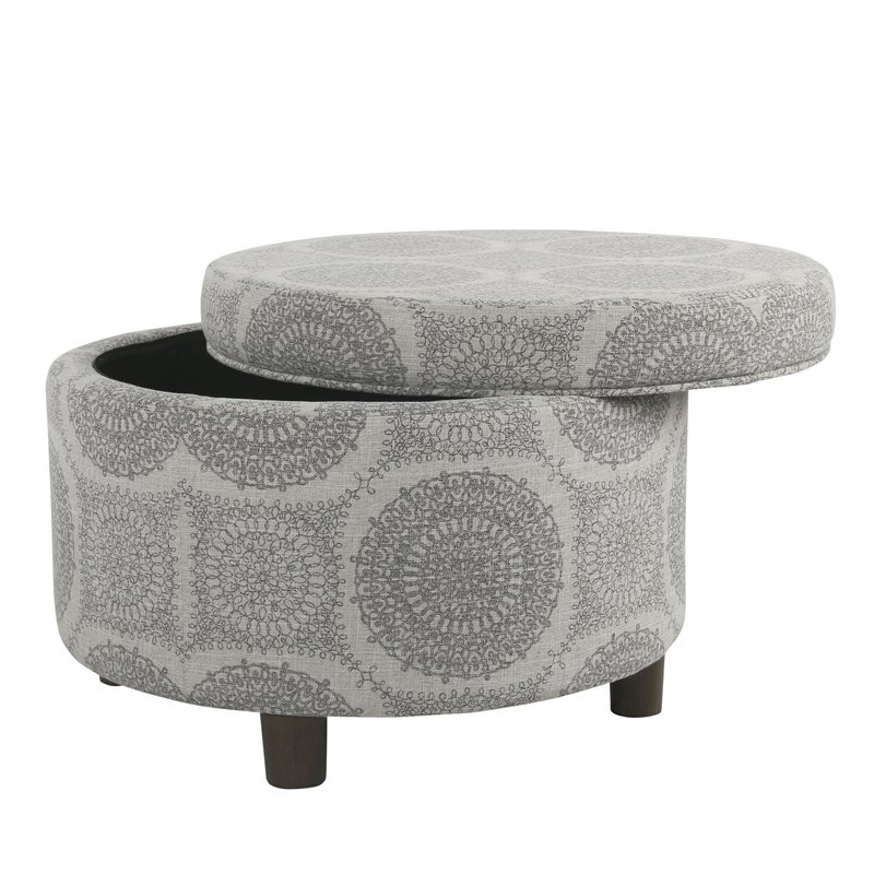 HomePop Round Transitional Wood and Fabric Storage Ottoman in Gray Medallion