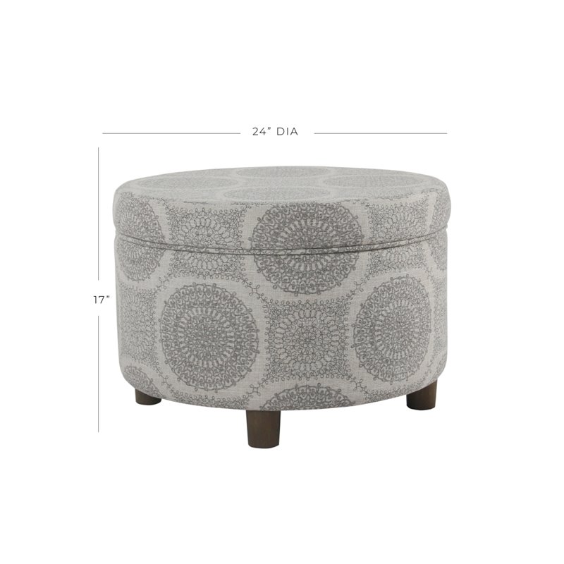 HomePop Round Transitional Wood and Fabric Storage Ottoman in Gray Medallion