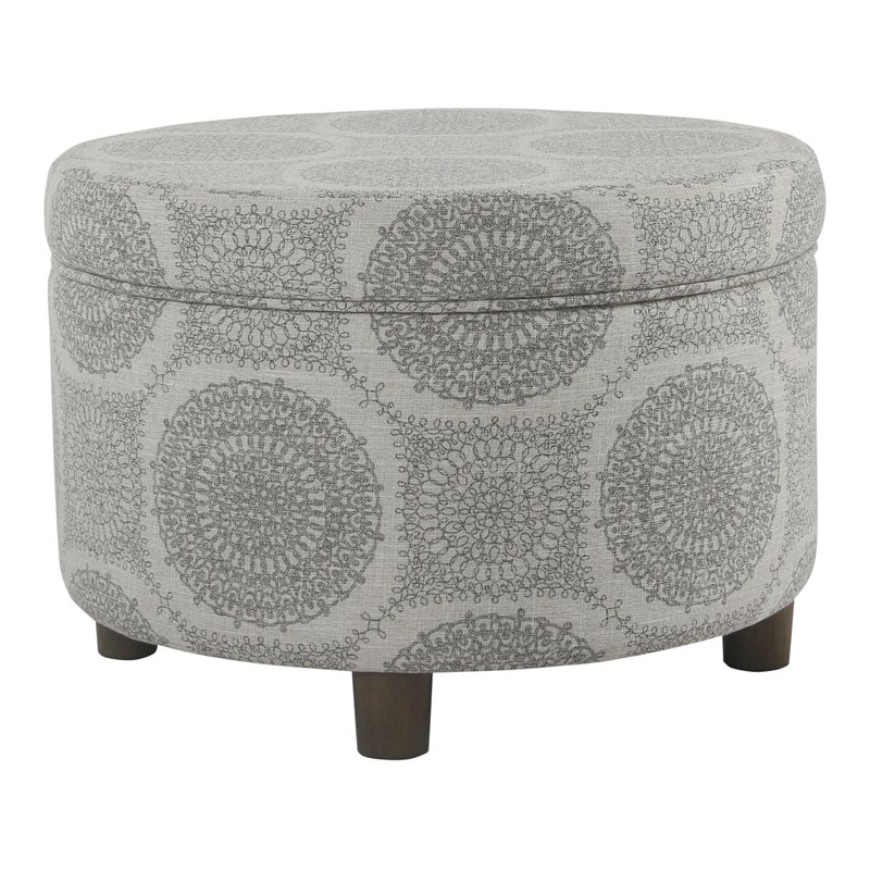 HomePop Round Transitional Wood and Fabric Storage Ottoman in Gray Medallion