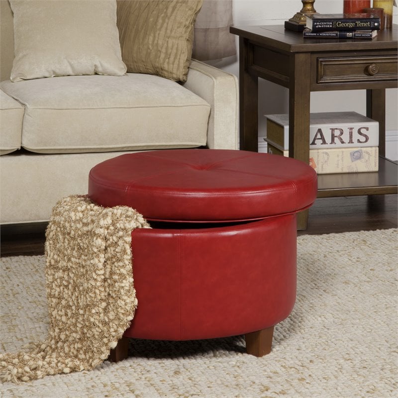 HomePop Transitional Faux Leather Large Storage Ottoman in Red