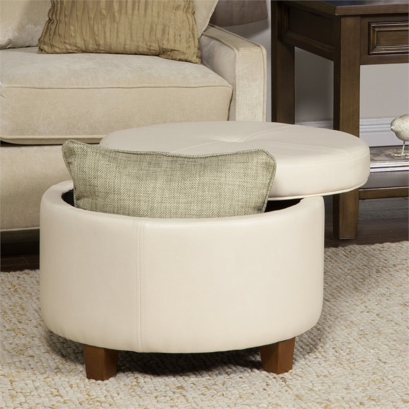 HomePop Transitional Faux Leather Large Storage Ottoman in Cream