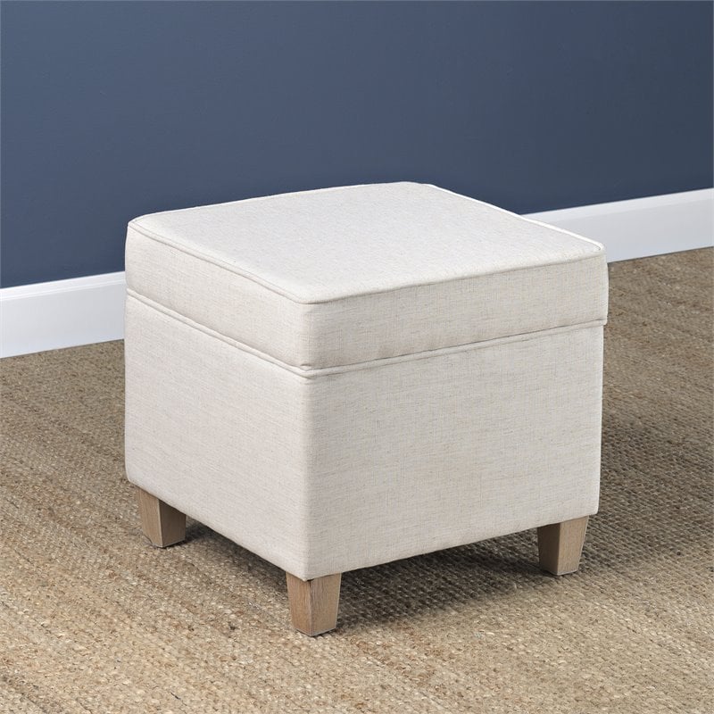 HomePop Cole Square Transitional Wood and Fabric Storage Ottoman in Cream