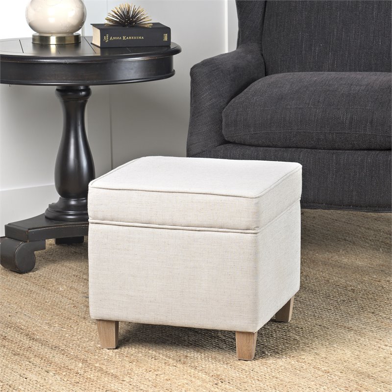 HomePop Cole Square Transitional Wood and Fabric Storage Ottoman in Cream