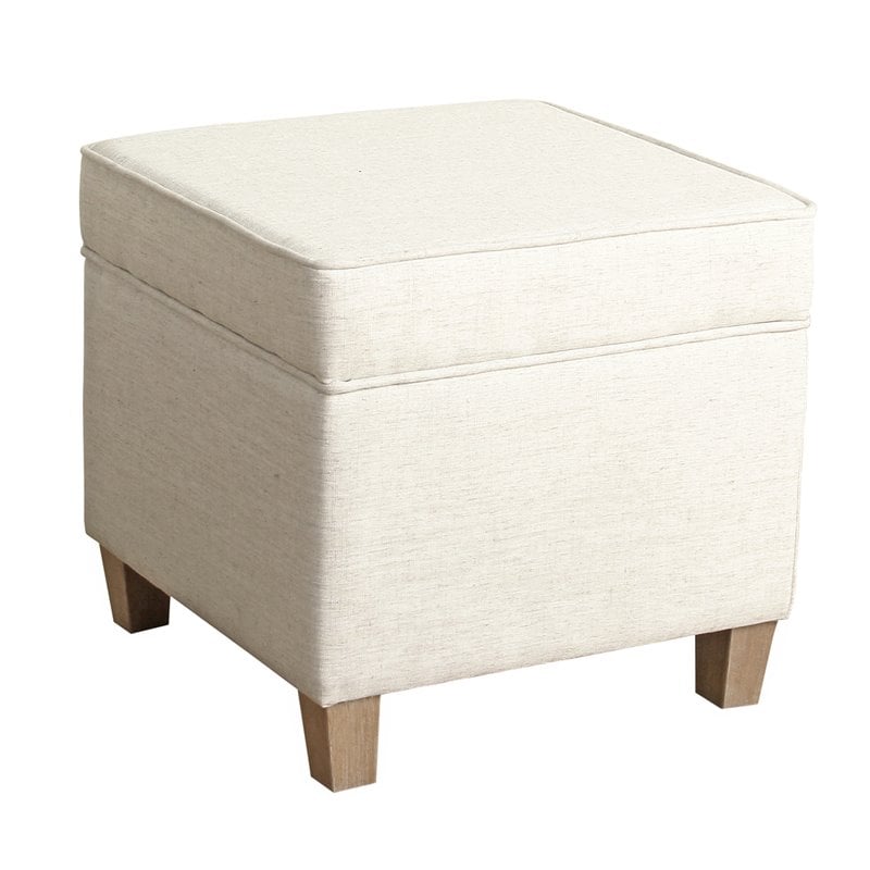HomePop Cole Square Transitional Wood and Fabric Storage Ottoman in Cream
