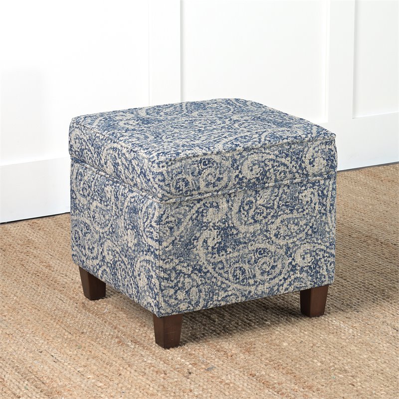 HomePop Cole Square Transitional Wood and Fabric Storage Ottoman in Blue