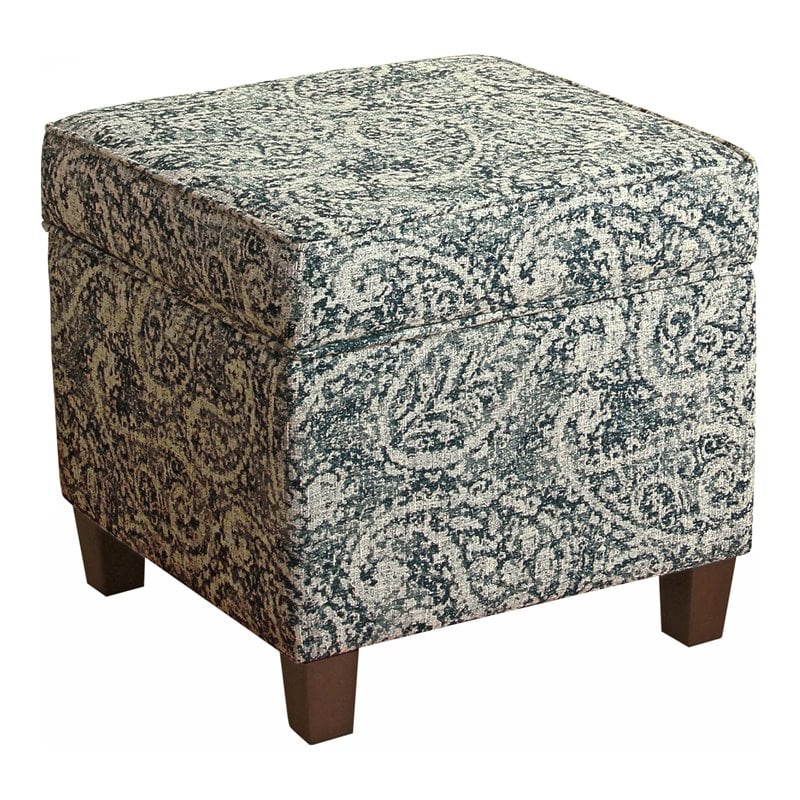 HomePop Cole Square Transitional Wood and Fabric Storage Ottoman in Blue