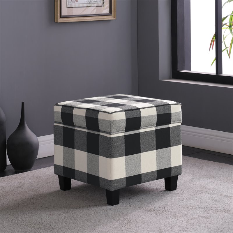 HomePop Square Wood and Cotton Plaid Pattern Ottoman with Lift Off Lid in Black