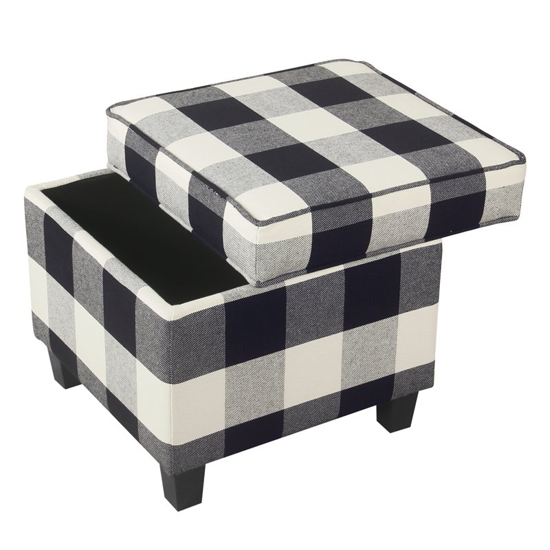 HomePop Square Wood and Cotton Plaid Pattern Ottoman with Lift Off Lid in Black