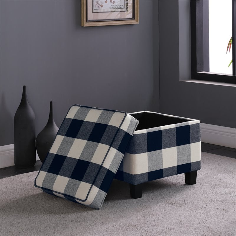 HomePop Square Wood and Cotton Plaid Pattern Ottoman with Lift Off Lid in Black