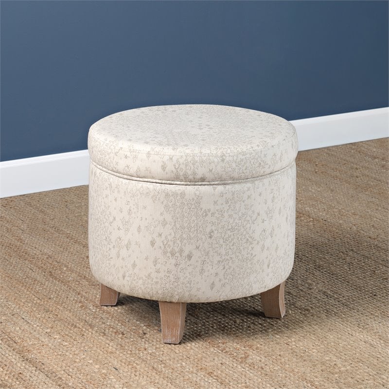 HomePop Cole Round Transitional Wood and Fabric Storage Ottoman in Cream