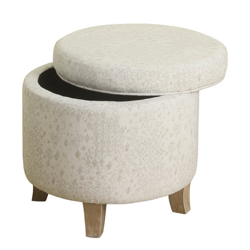HomePop Cole Round Transitional Wood and Fabric Storage Ottoman in Cream