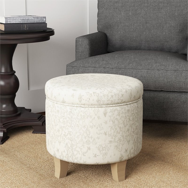 HomePop Cole Round Transitional Wood and Fabric Storage Ottoman in Cream