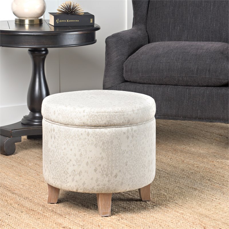 HomePop Cole Round Transitional Wood and Fabric Storage Ottoman in Cream