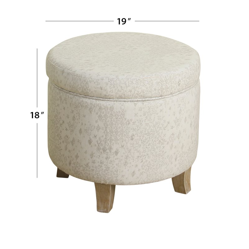 HomePop Cole Round Transitional Wood and Fabric Storage Ottoman in Cream