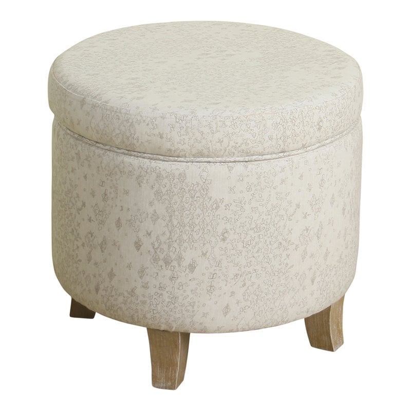 HomePop Cole Round Transitional Wood and Fabric Storage Ottoman in Cream