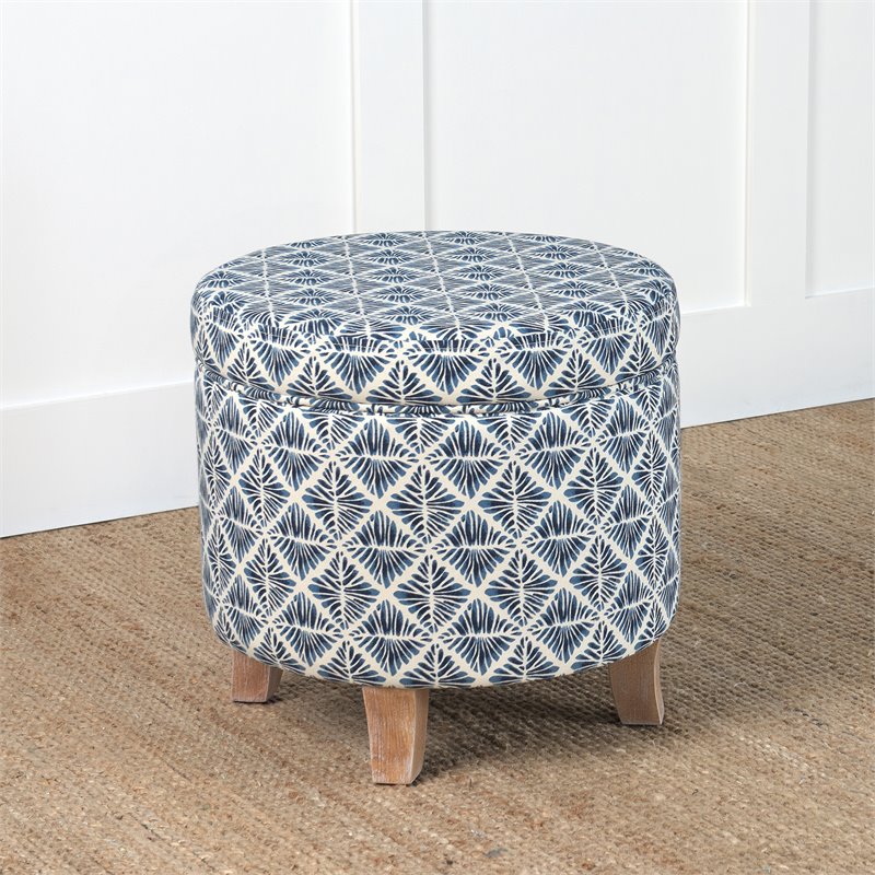 HomePop Cole Round Transitional Wood and Fabric Storage Ottoman in Blue