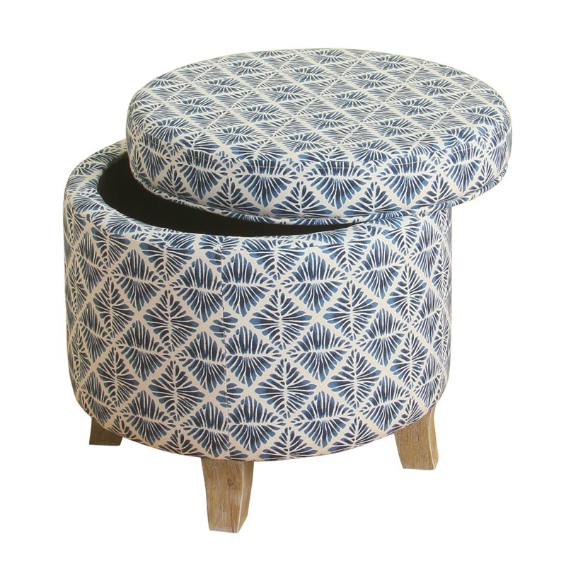 HomePop Cole Round Transitional Wood and Fabric Storage Ottoman in Blue