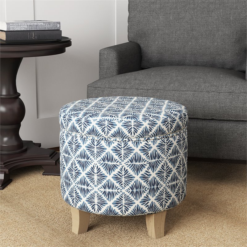 HomePop Cole Round Transitional Wood and Fabric Storage Ottoman in Blue