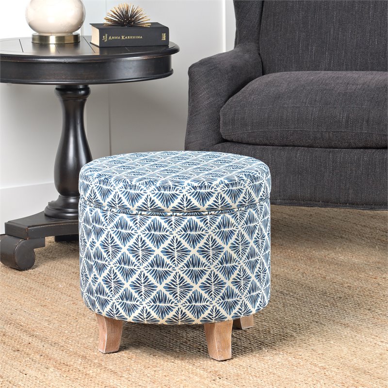HomePop Cole Round Transitional Wood and Fabric Storage Ottoman in Blue