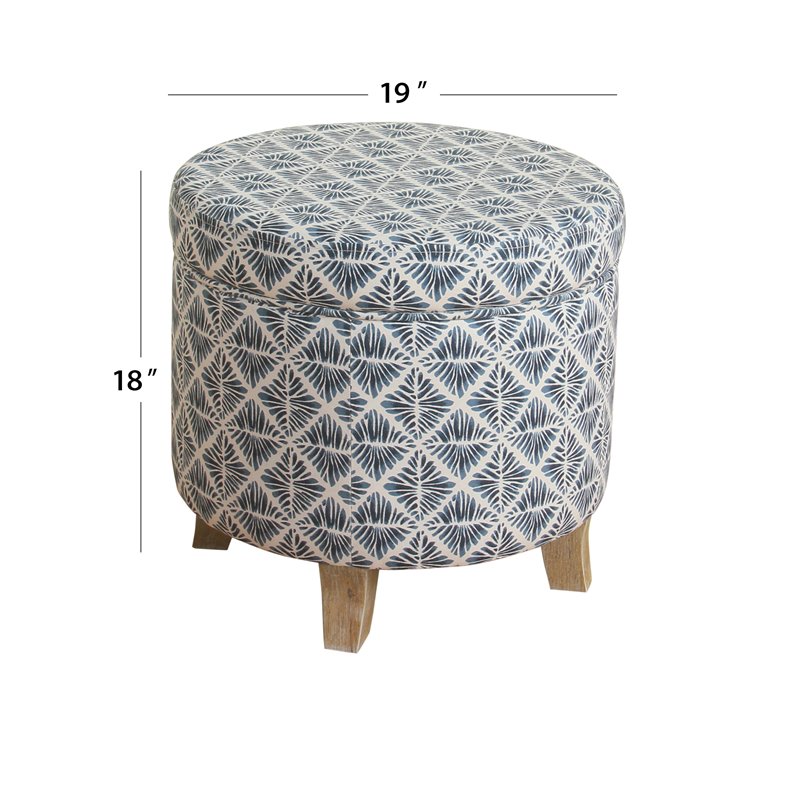 HomePop Cole Round Transitional Wood and Fabric Storage Ottoman in Blue