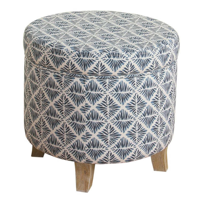 HomePop Cole Round Transitional Wood and Fabric Storage Ottoman in Blue