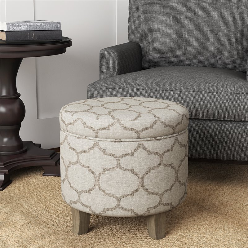 HomePop Cole Round Transitional Wood and Fabric Storage Ottoman in Brown