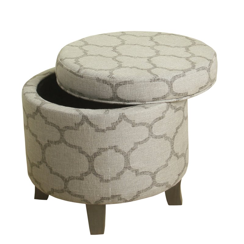 HomePop Cole Round Transitional Wood and Fabric Storage Ottoman in Brown