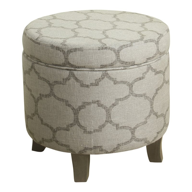 HomePop Cole Round Transitional Wood and Fabric Storage Ottoman in Brown