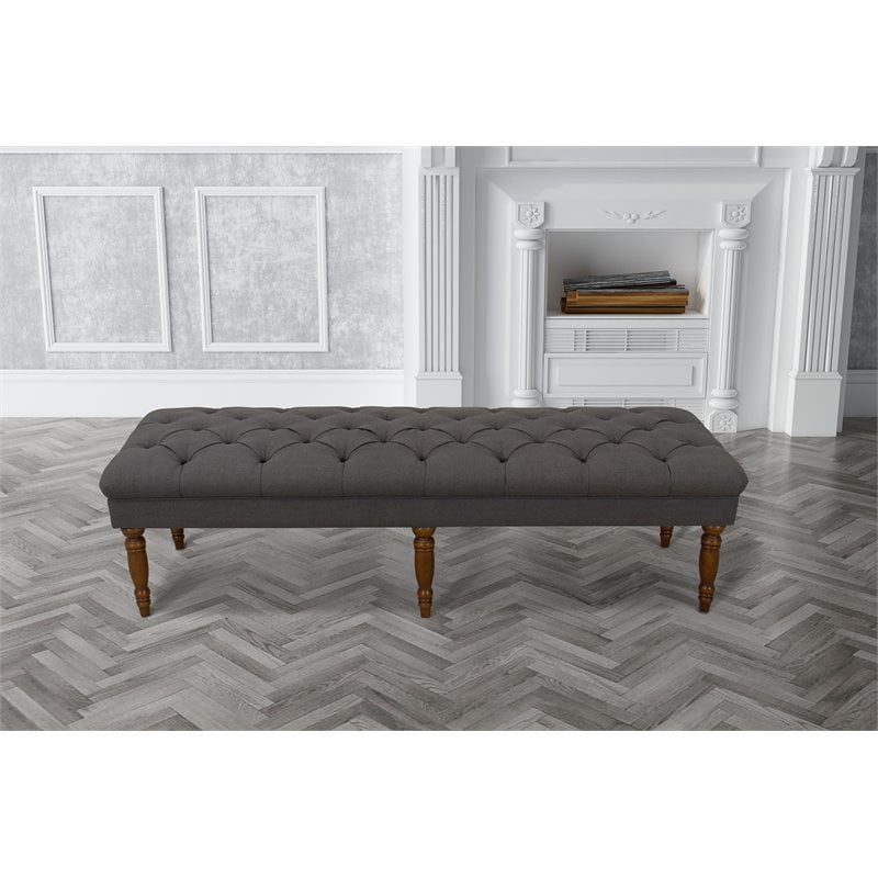 HomePop Layla Traditional Wood and Fabric Tufted Bench in Dark Charcoal Gray