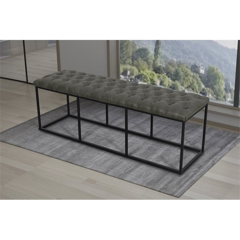 HomePop Draper Modern Faux Leather Large Ottoman with Button Tufting in Gray