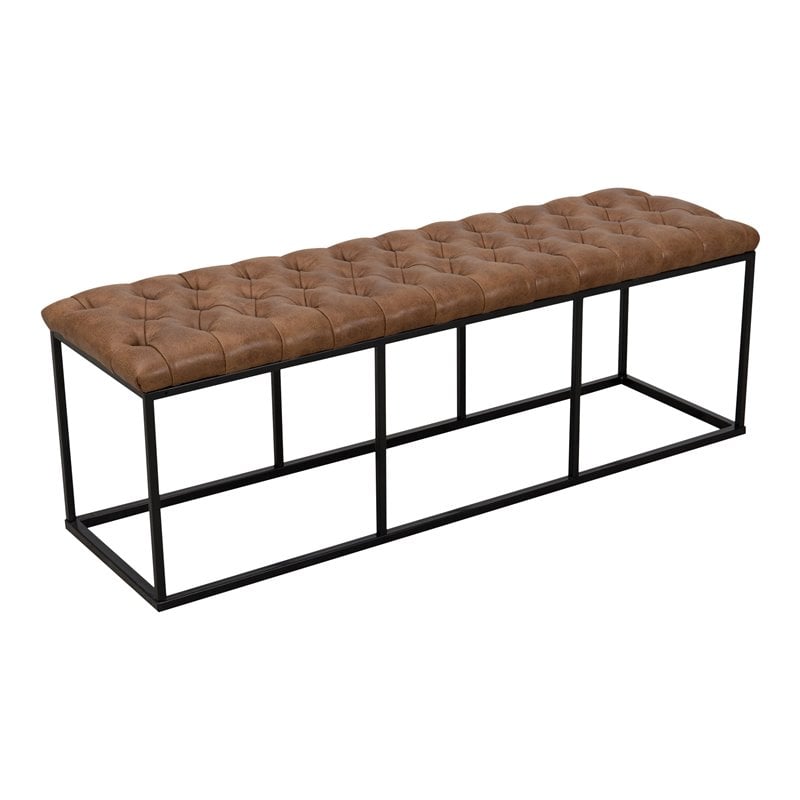 HomePop Draper Modern Faux Leather Large Bench with Button Tufting in Brown