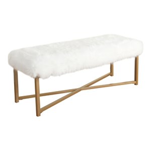 homepop rectangle transitional wood and faux fur bench in white