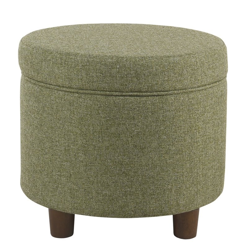 HomePop Round Transitional Wood and Fabric Storage Ottoman in Green Tweed