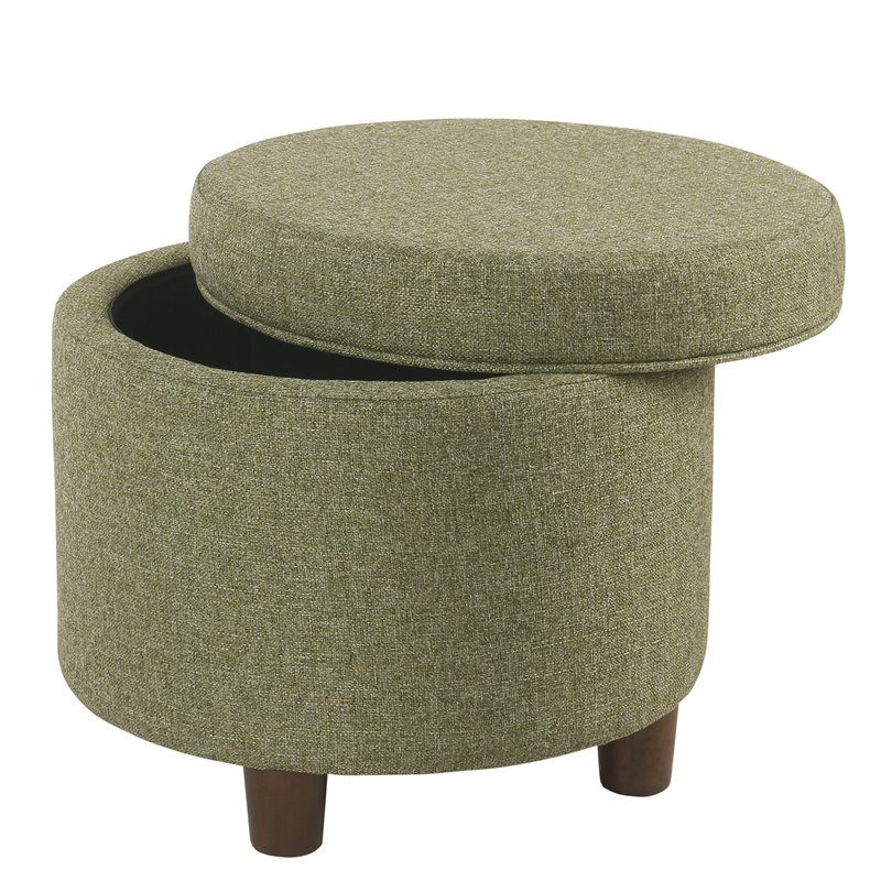 HomePop Round Transitional Wood and Fabric Storage Ottoman in Green Tweed