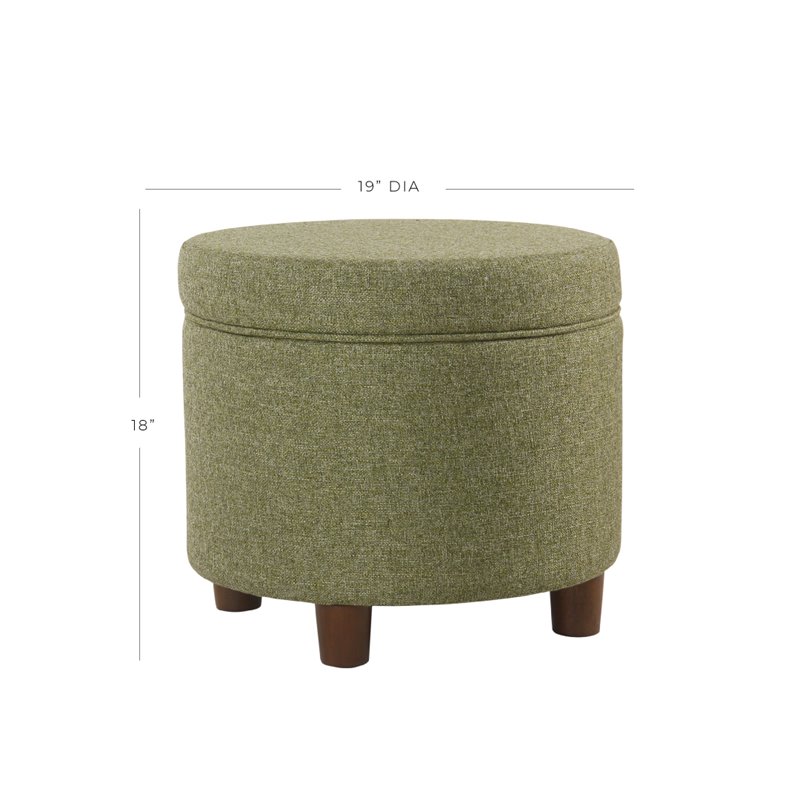 HomePop Round Transitional Wood and Fabric Storage Ottoman in Green Tweed
