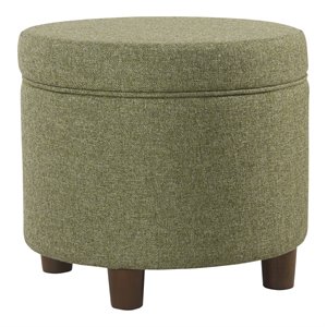 HomePop Round Transitional Wood and Fabric Storage Ottoman in Green Tweed