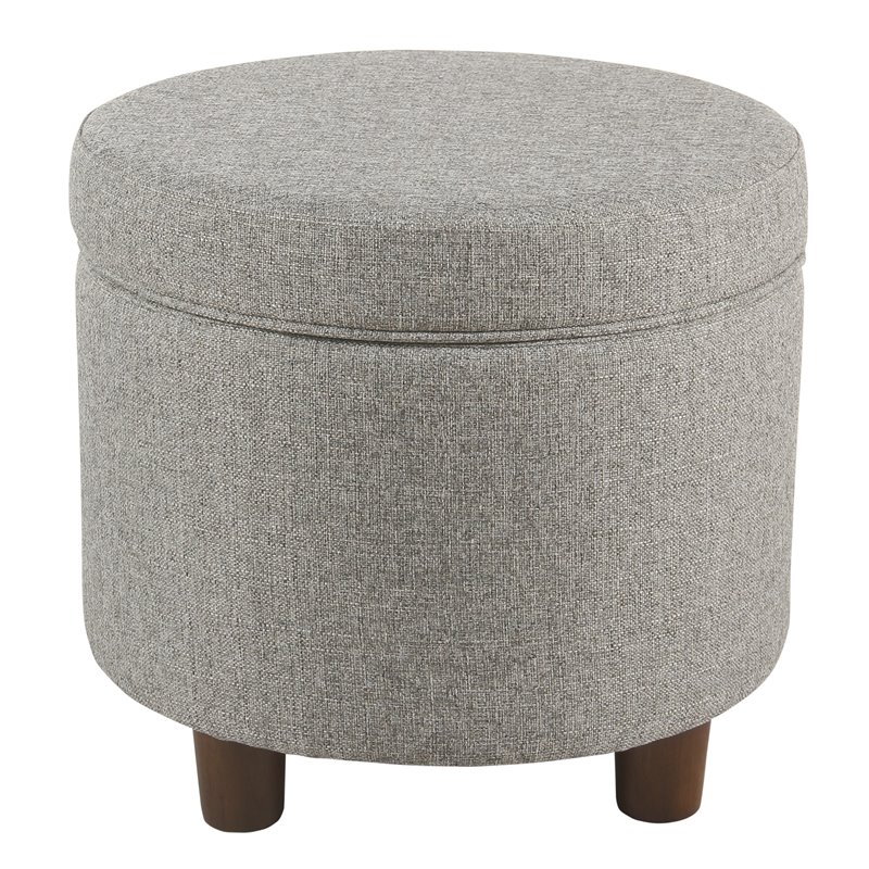 HomePop Round Transitional Wood and Fabric Storage Ottoman in Light Gray