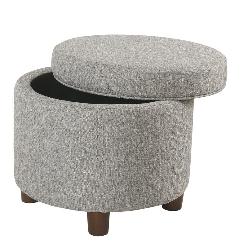 HomePop Round Transitional Wood and Fabric Storage Ottoman in Light Gray