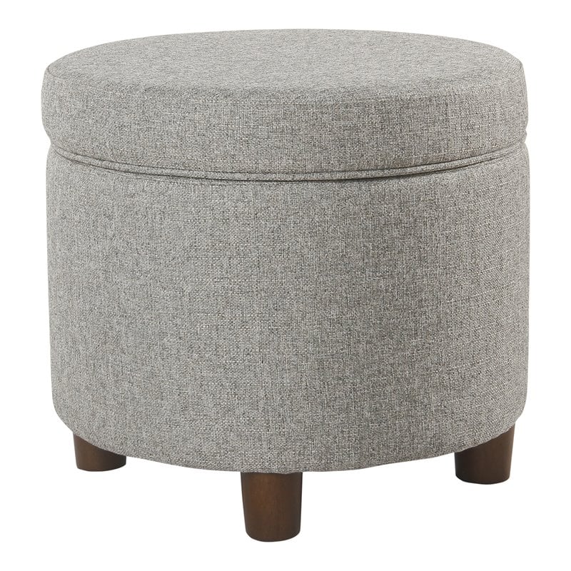 HomePop Round Transitional Wood and Fabric Storage Ottoman in Light Gray