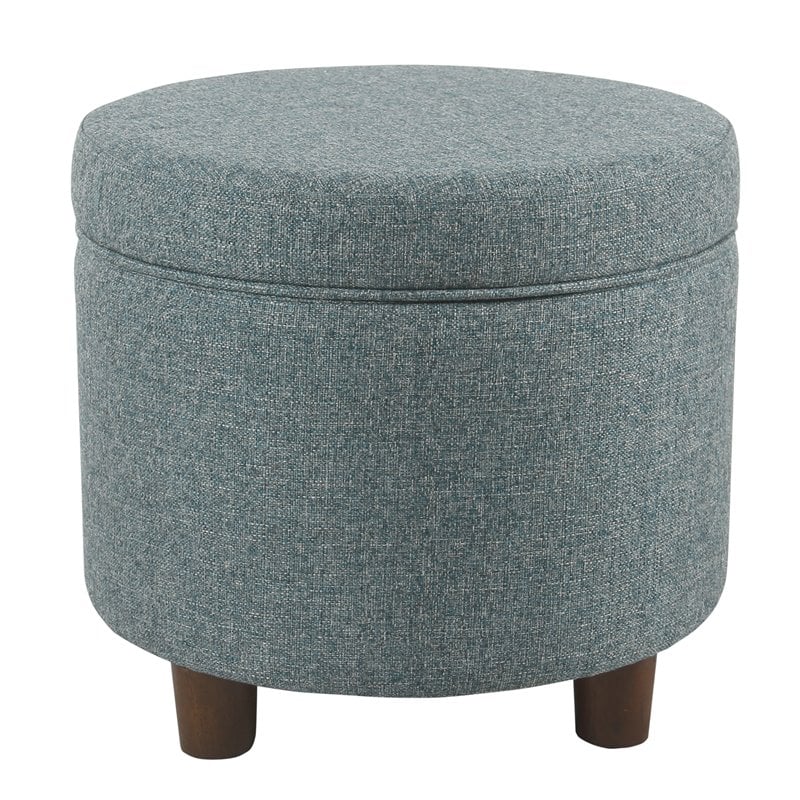 HomePop Round Transitional Wood and Fabric Storage Ottoman in Teal Blue Tweed