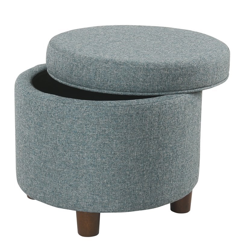 HomePop Round Transitional Wood and Fabric Storage Ottoman in Teal Blue Tweed